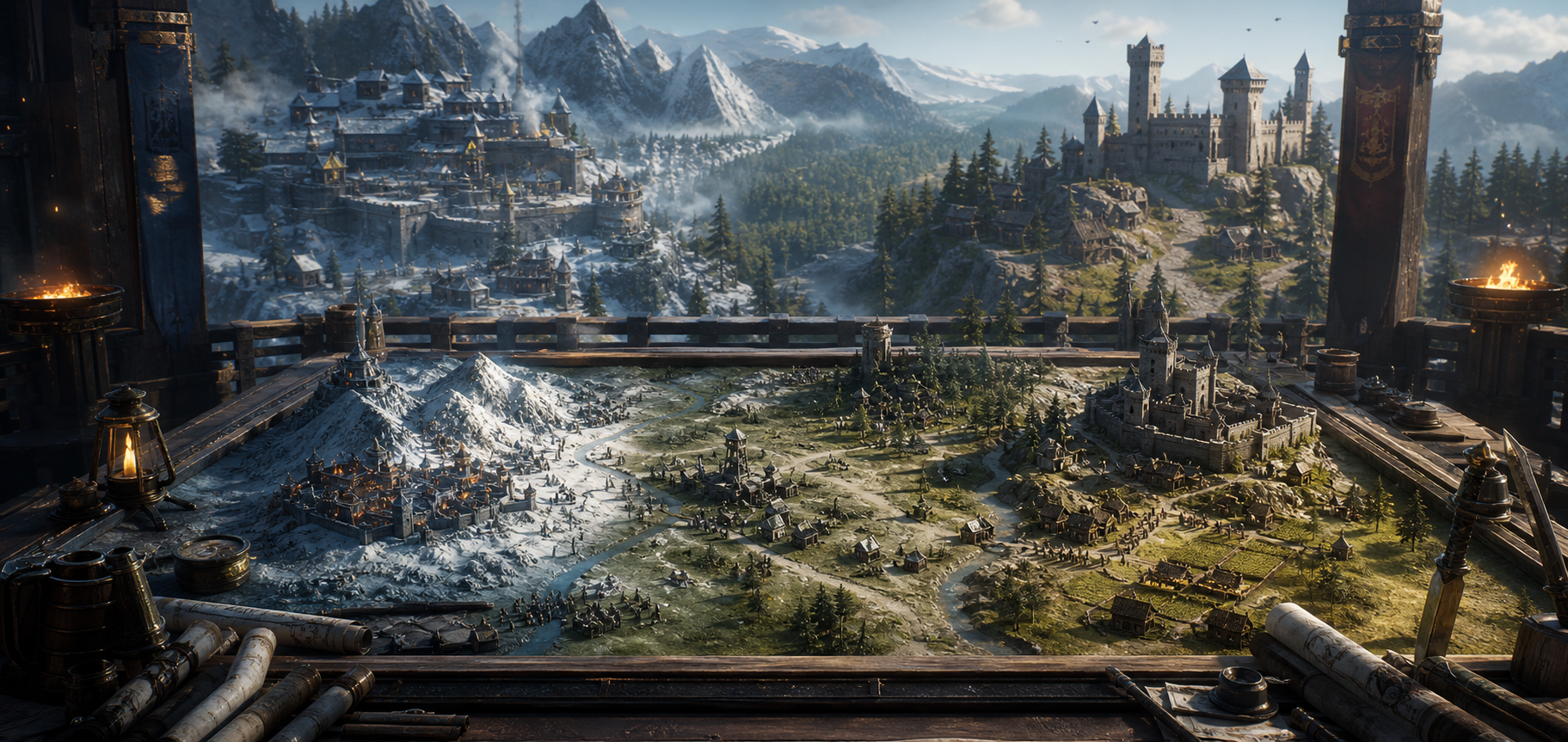 Strategy command table with snowy, modern, and medieval survival game settings